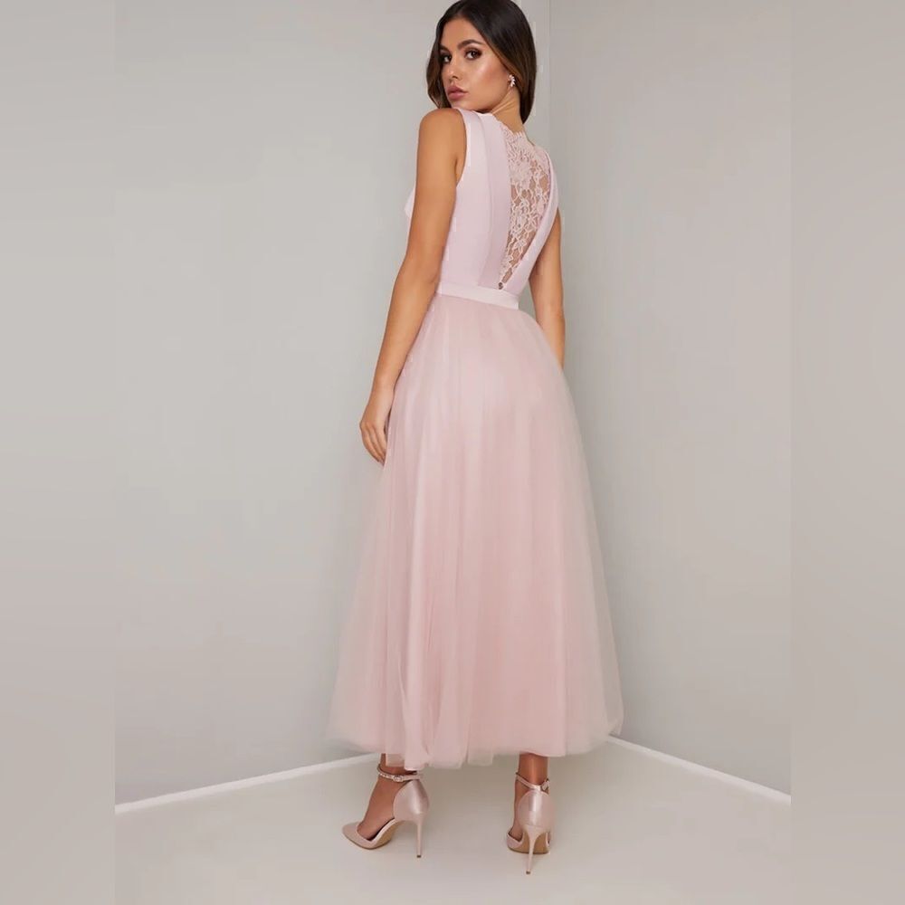 Lace insert Fitted Bodice Tulle Midi Dress